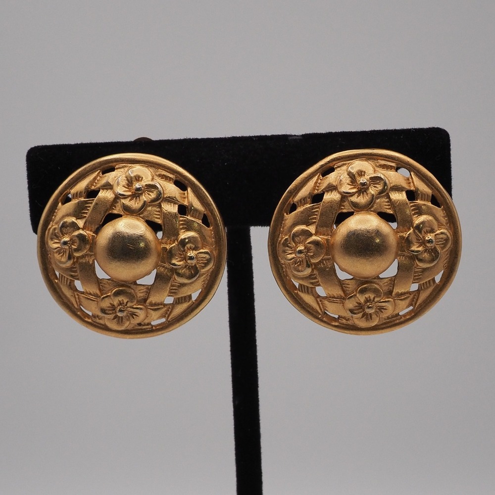 Vintage Anne Klein Earrings Gold Tone Floral Basketweave Clip On Domed Large
